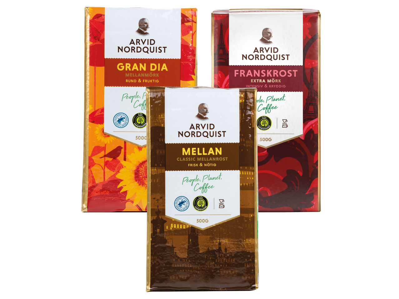 Tre paket kaffe med olika rostningar: Gran Dia (mellanmörk, rund & fruktig), Mellan (klassisk mellanrost, frisk & nötig) och Franskrost (extra mörk, intensiv & kryddig).