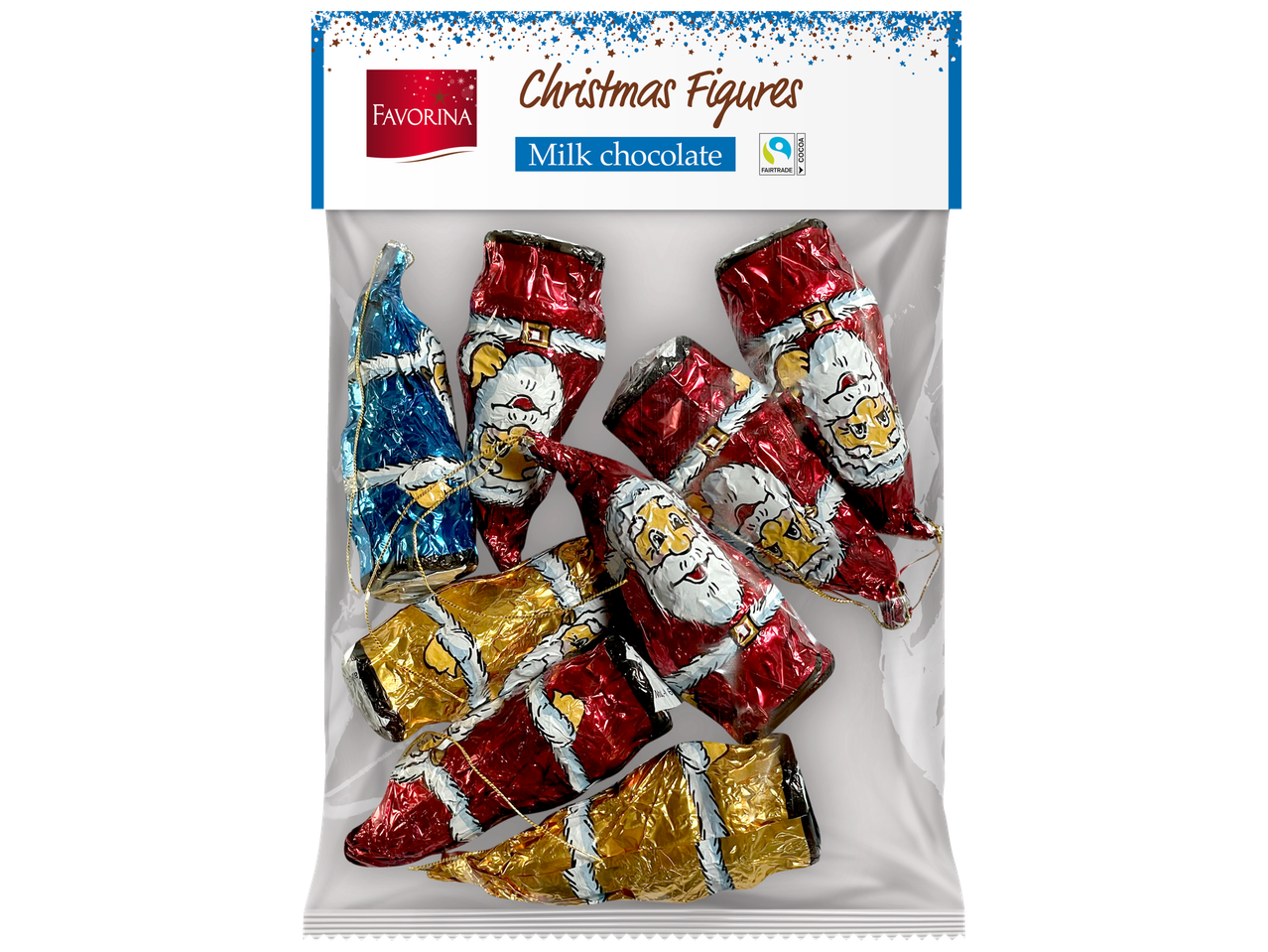 Favorina kalėdinės figūrėlės, pieniškas šokoladas, Fairtrade sertifikuotas, Kalėdų Senelis ir eglutės.