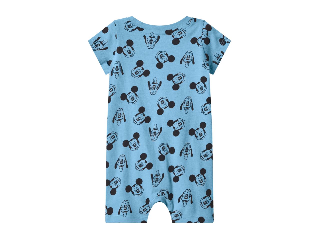Blue baby romper with short sleeves and an all-over print of Mickey Mouse and Pluto faces.