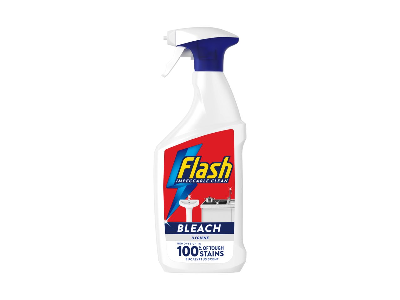 A white Flash Impeccable Clean bleach spray bottle with a blue top and red label, featuring a sink and kitchen counter.