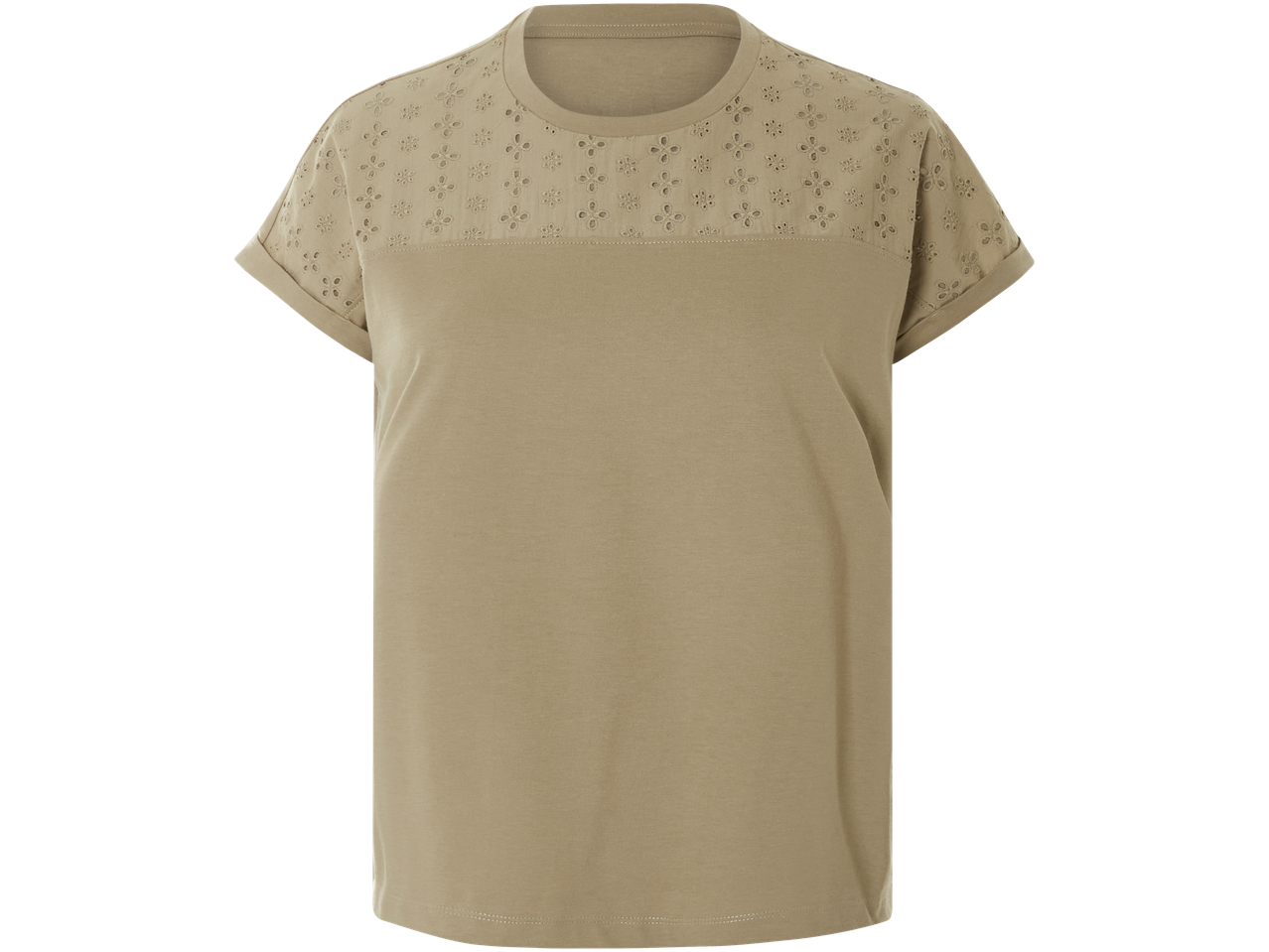 Khaki blus med broderade detaljer över axlarna.