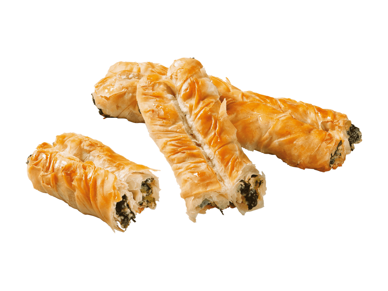 Kolme leivonnaista, joissa on pinaattitäyte, mustalla taustalla.