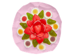 Een snoepboeket met rode hartvormige gummies, groene bladvormige gummies en bloemvormige gummies.