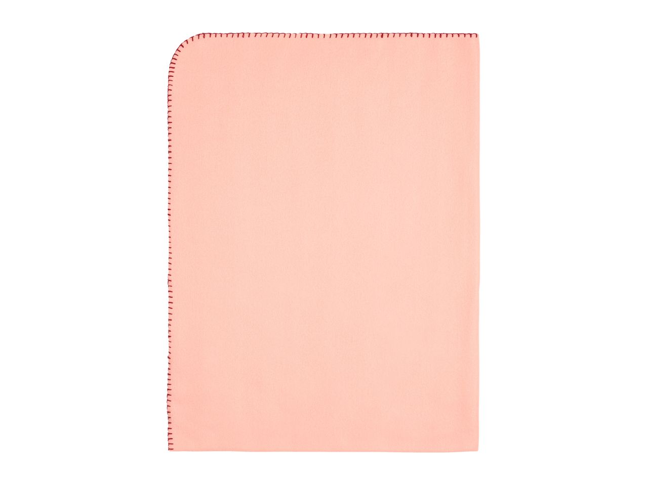 Light pink fleece blanket with red stitching on the edges