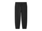 Black sweatpants with an elasticated waist and drawstring.