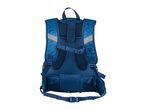 Back view of a blue children's backpack with reflective strips.