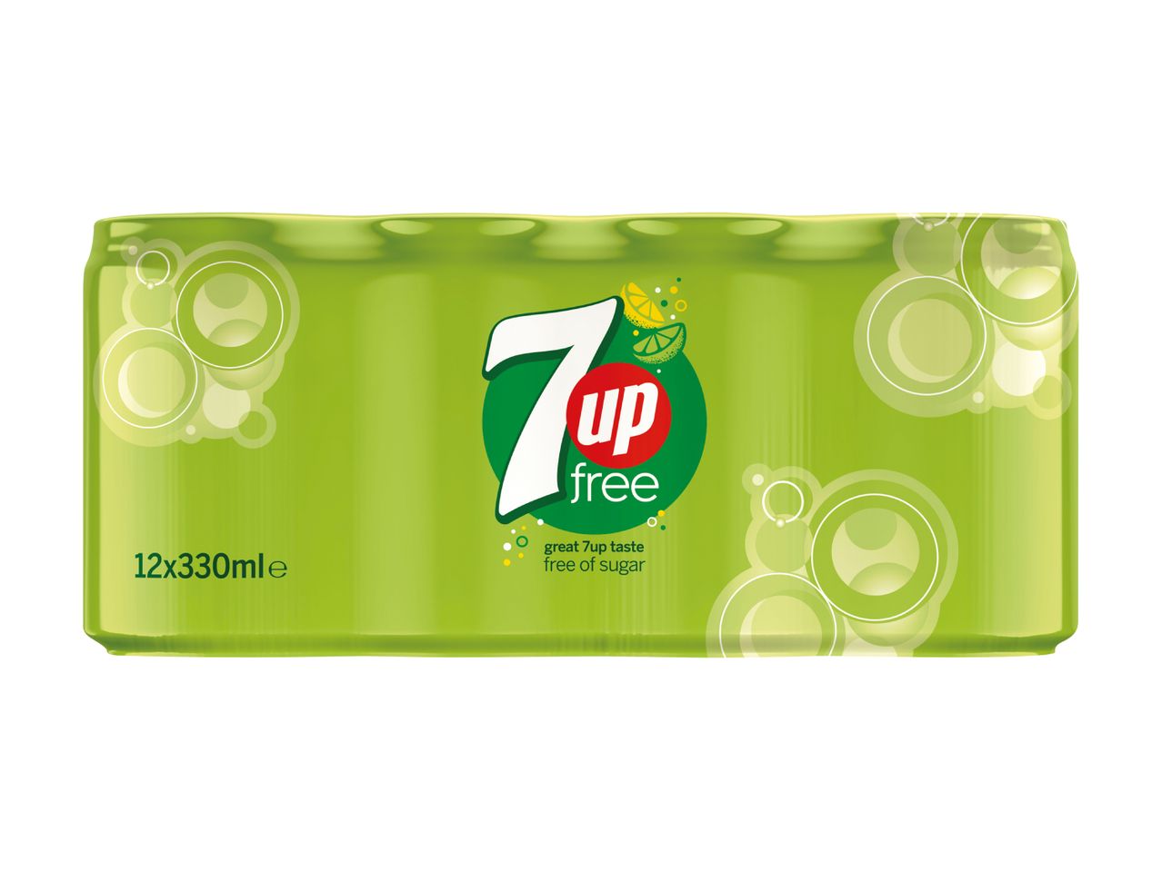 7UP Free 12x330ml multipack of cans, with lime and lemon slices on the logo