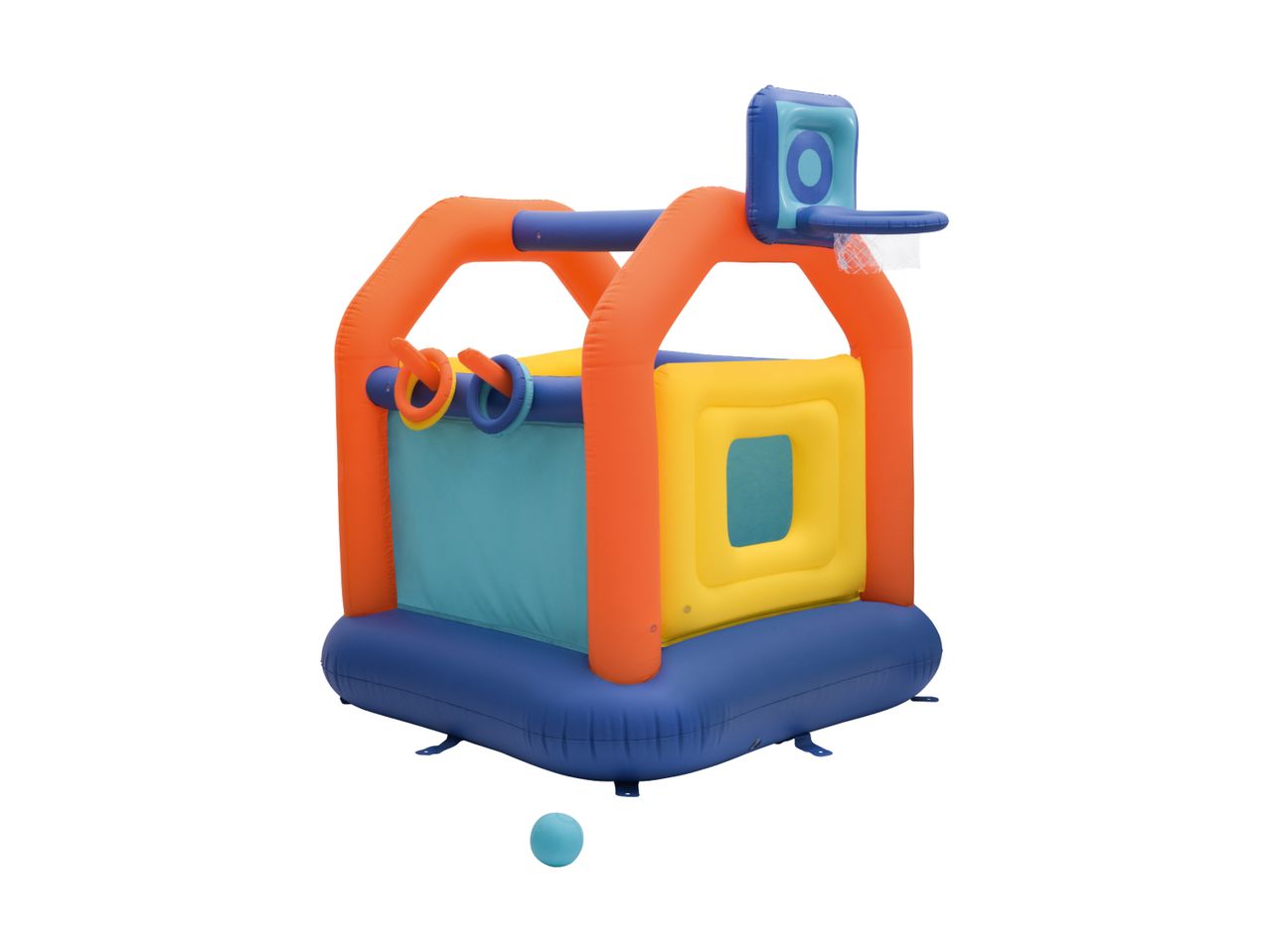 Inflatable play center with basketball hoop, ring toss, and a ball, in blue, orange, and yellow.