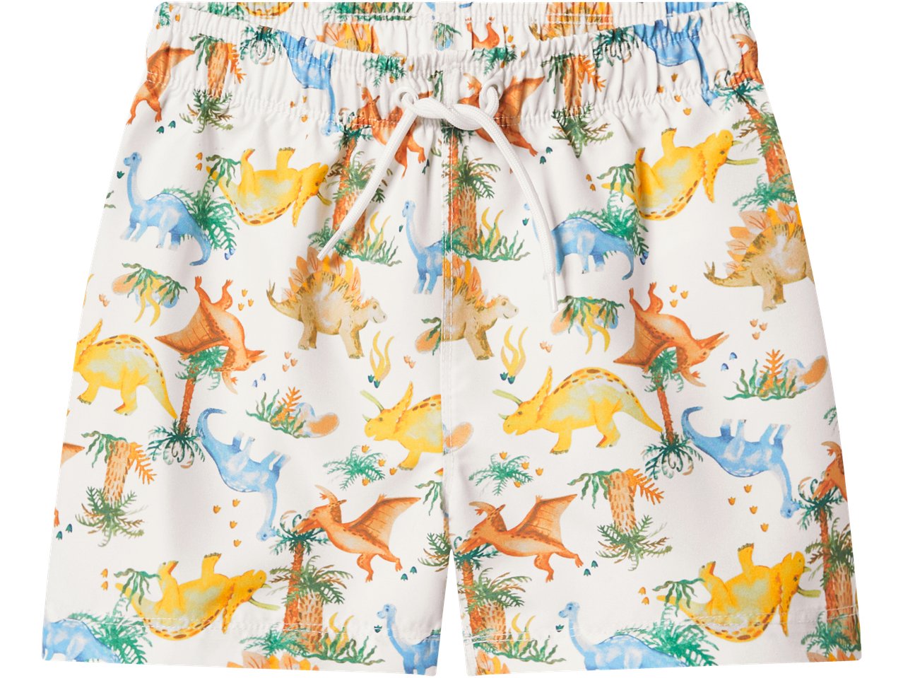 Calções de banho LUPILU com estampado colorido de dinossauros e palmeiras.