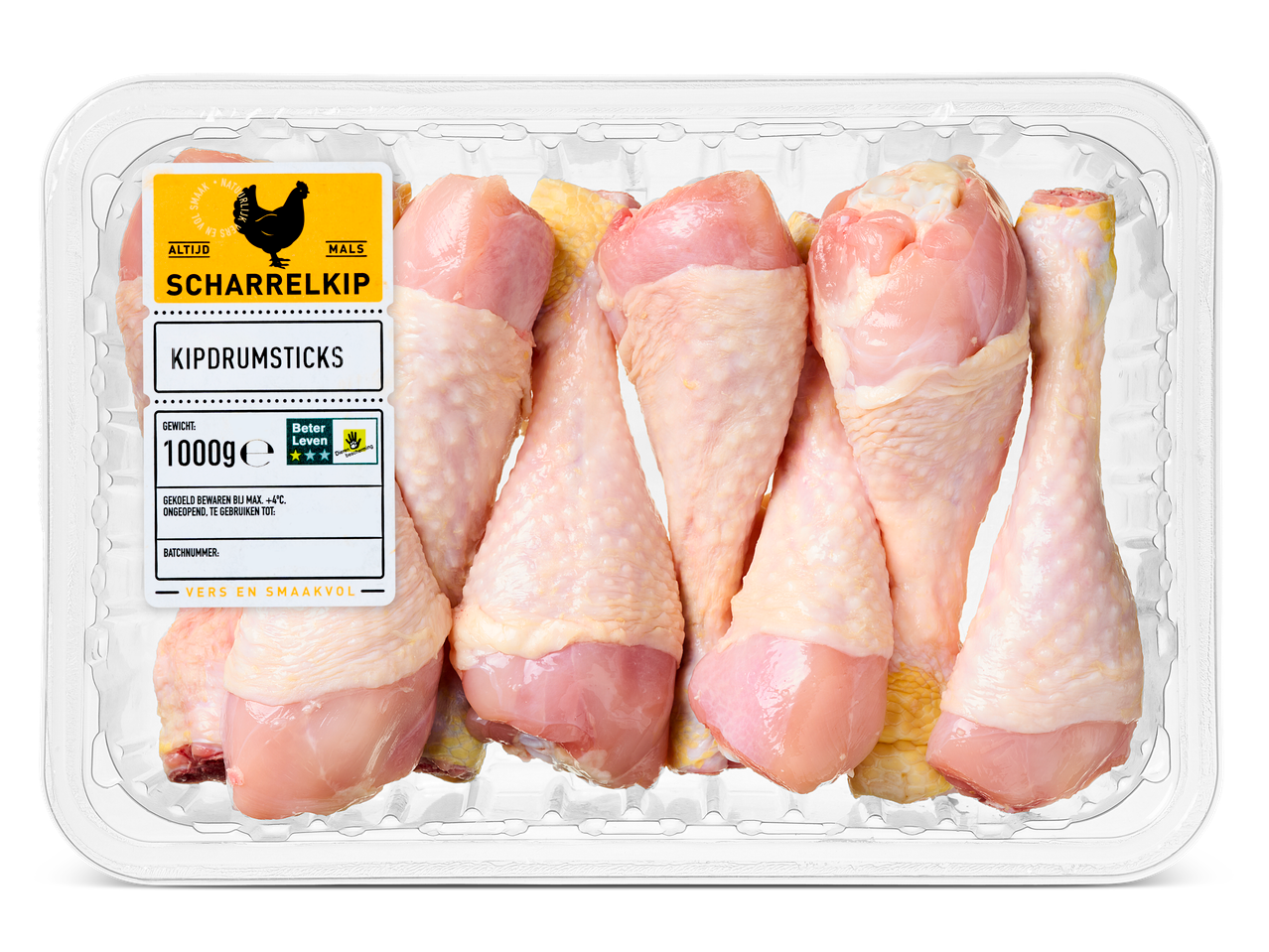  scharrelkipdrumsticks in een plastic bakje.