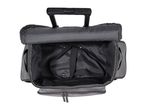 Top-down view of an open gray rolling tote bag with a black handle.