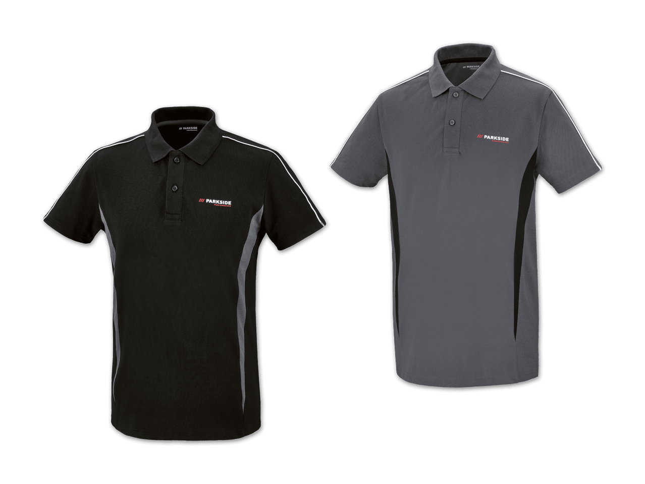 Zwei Poloshirts in Schwarz und Grau, vermutlich von einer Firma.