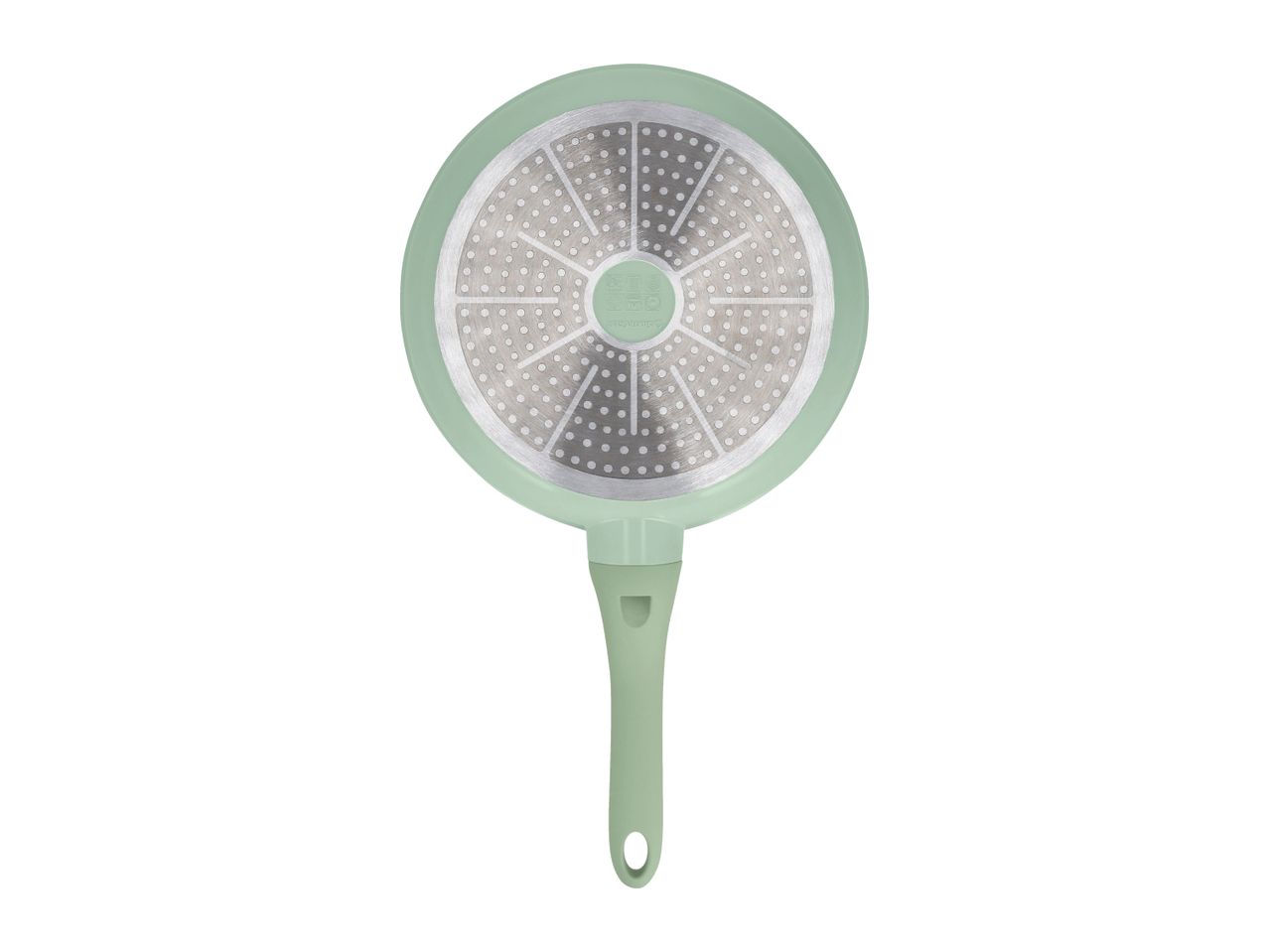 Underside of a light green frying pan with a textured silver base and a matching handle.