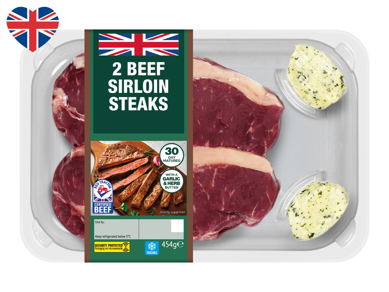 Two beef sirloin steaks with garlic and herb butter, 30-day matured, 454g.