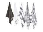 Five hanging kitchen towels in various black, white, and grey patterns.