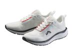 Pair of white and orange athletic shoes with black soles