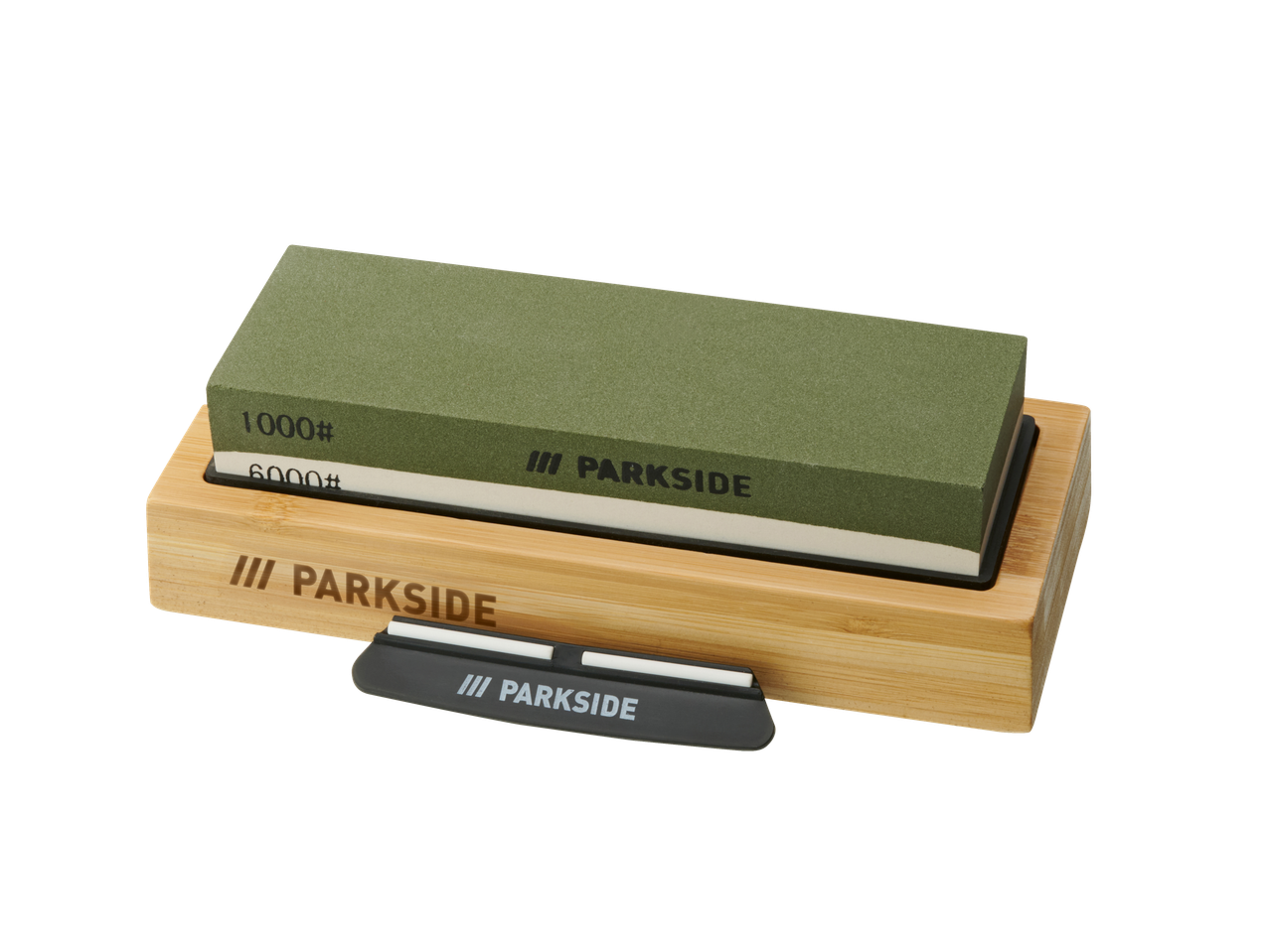 Parkside asināmais akmens ar 1000# un 6000# graudu uz bambusa pamatnes, ar leņķa vadotni.