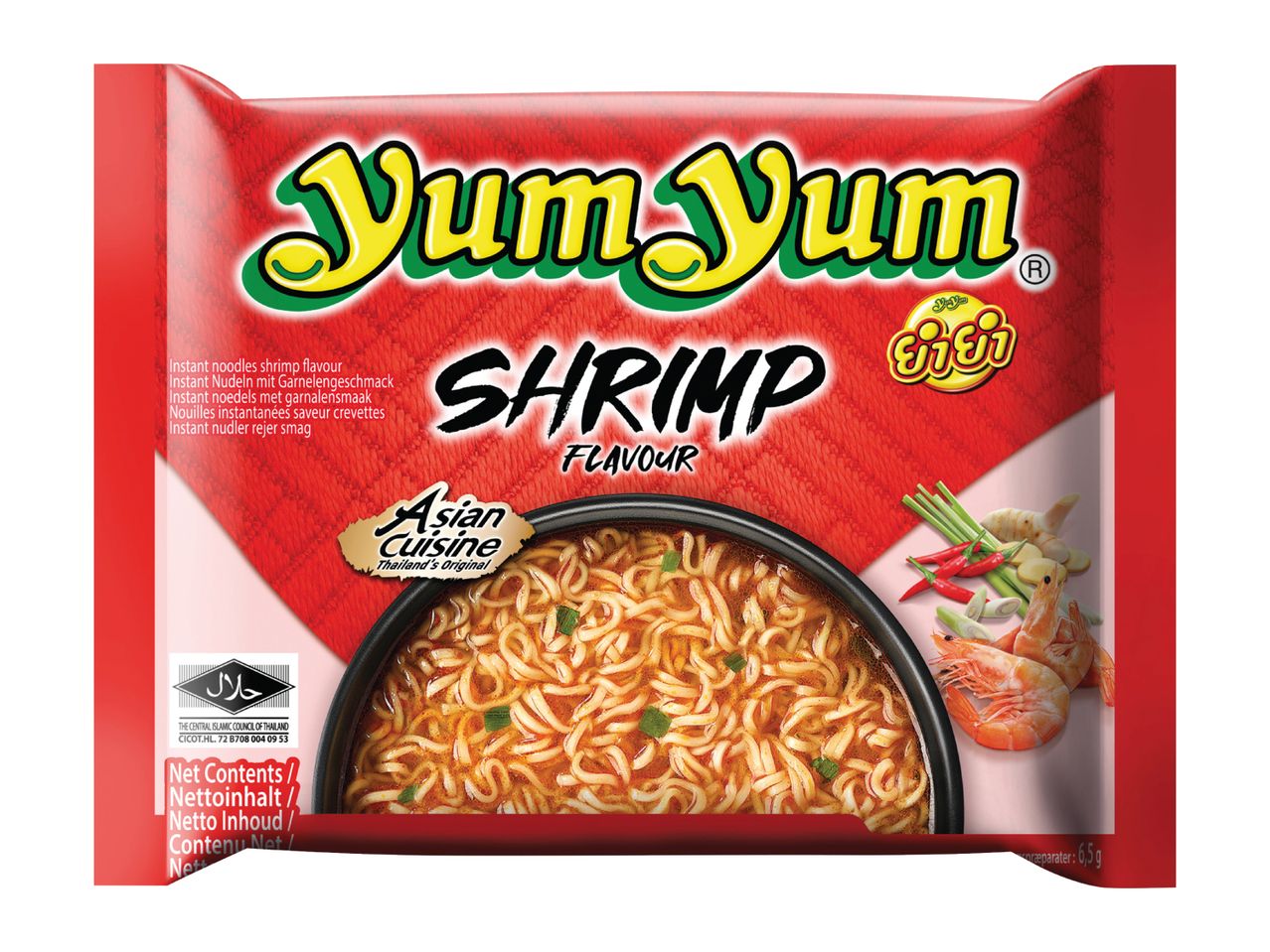 Instant shrimp noodles in a red package, featuring a bowl of noodles and fresh ingredients.