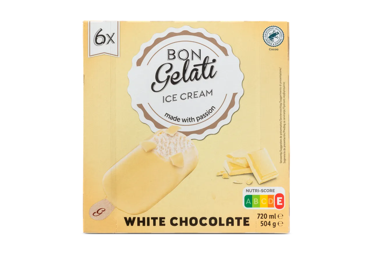 6 Bon Gelati ijsjes met witte chocolade.