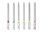 A set of six screwdriver bits, including Phillips, Pozidriv, Torx, and hex types.
