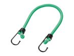A green bungee cord with two metal hooks.