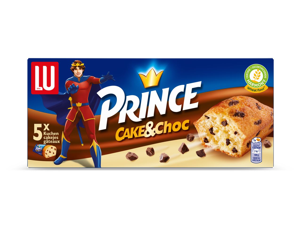Verpakking van 5 chocoladecakejes met een prins en een kroon, met voedingsinformatie.