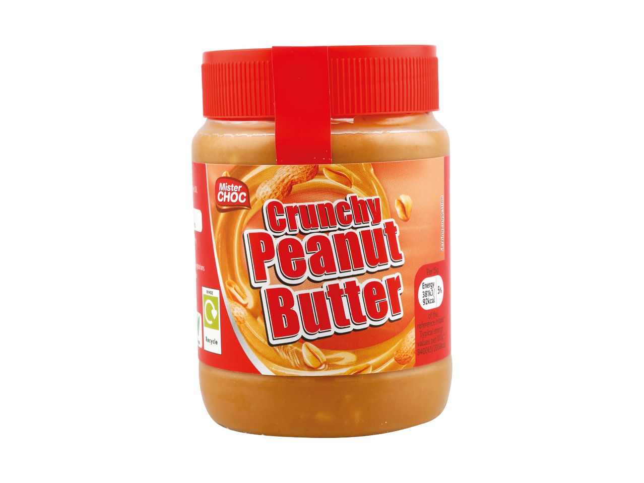 A jar of crunchy peanut butter with a red lid and label, showing peanuts and nutritional information.