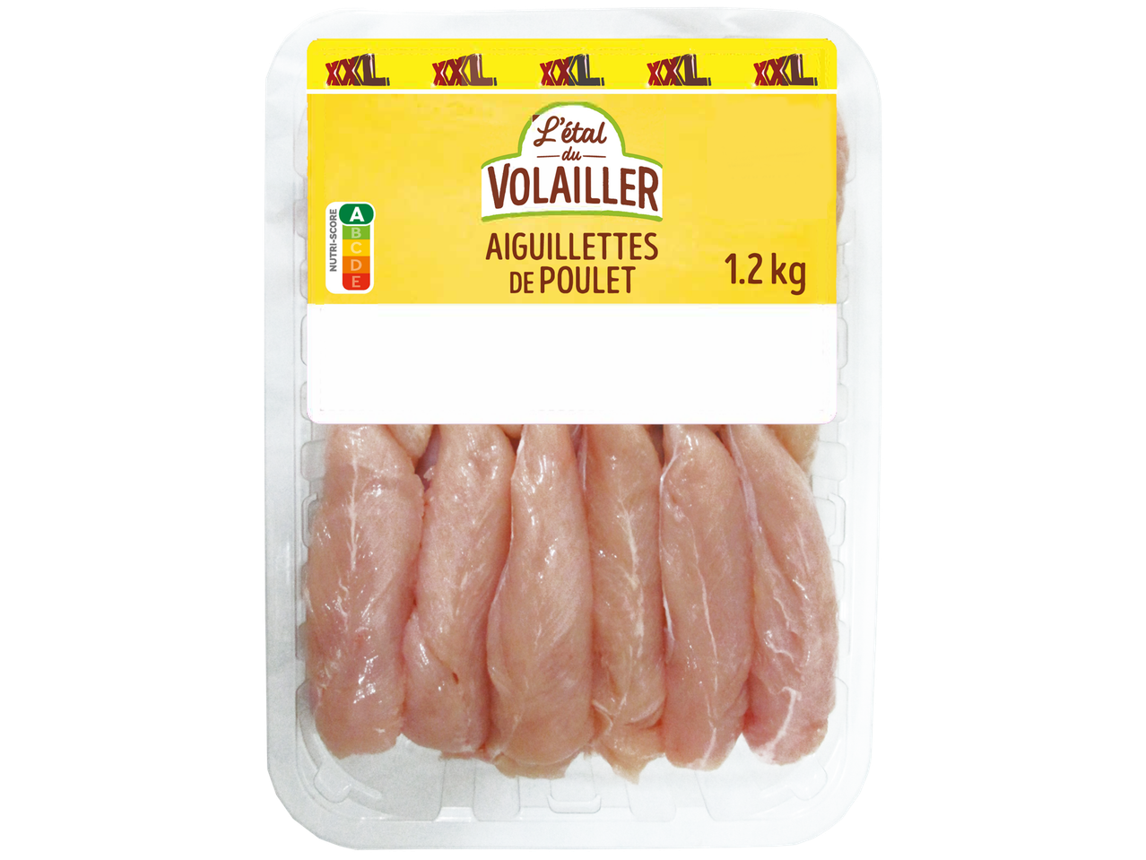 Barquette de 1,2 kg d'aiguillettes de poulet avec Nutri-Score A.