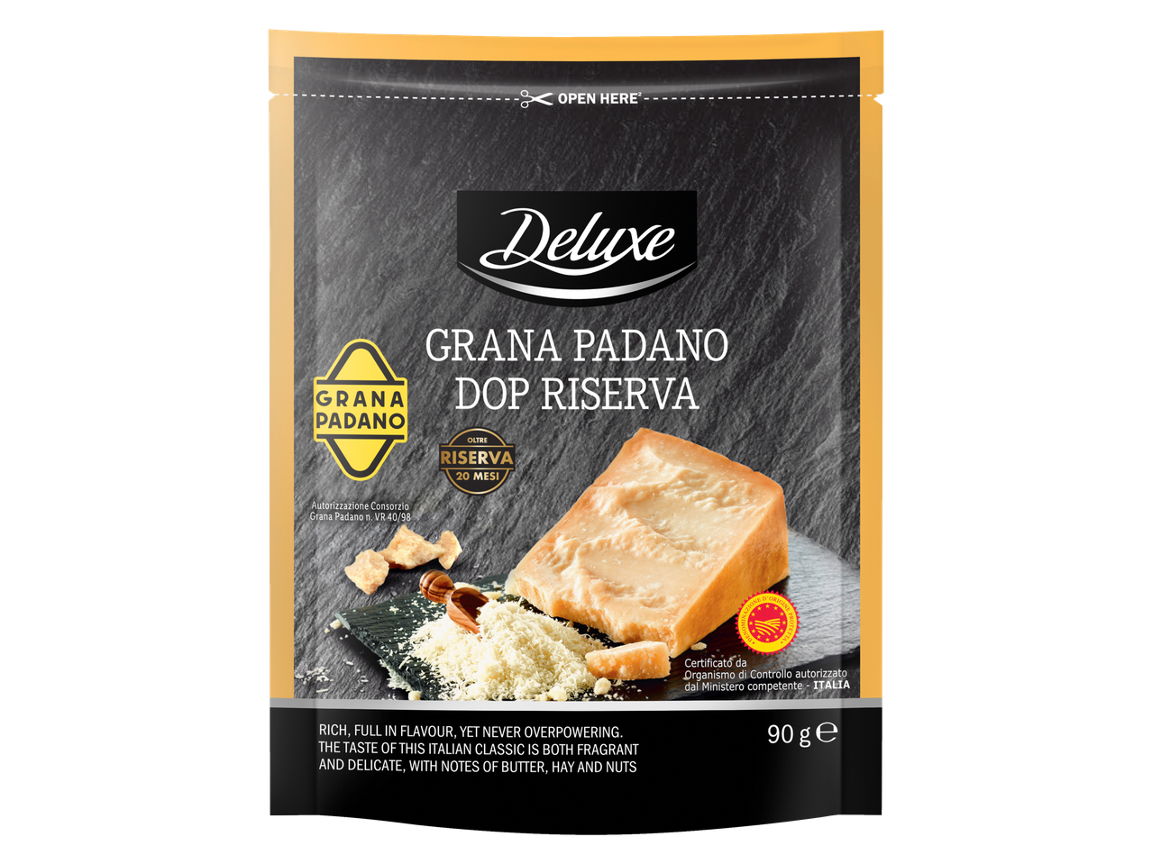 Deluxe riivitud Grana Padano DOP juust 90g pakendis.