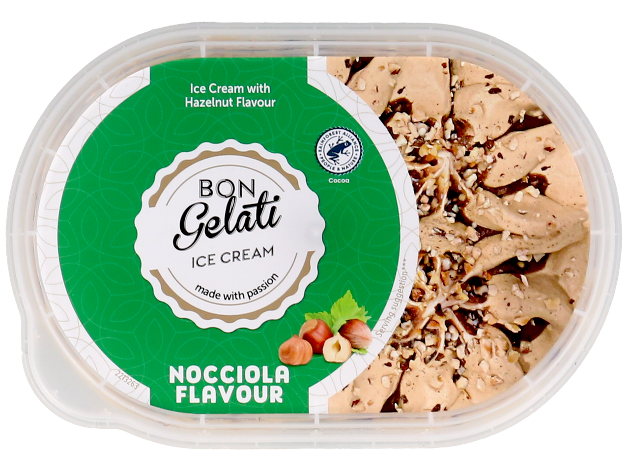 Crème glacée à la noisette dans un contenant ovale, avec l'inscription 'Nocciola Flavour'.
