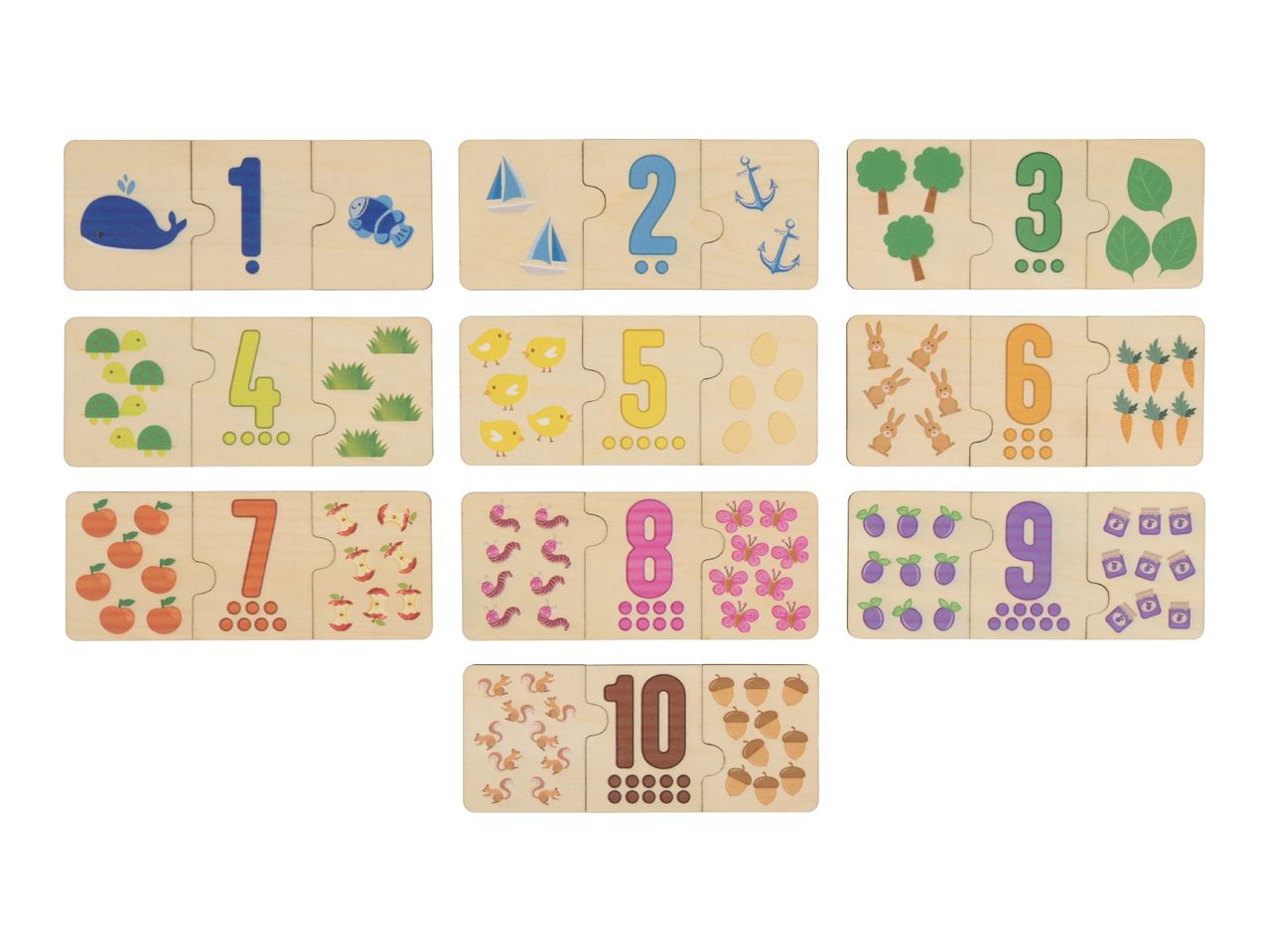 Wooden number puzzles 1-10 with various animal and nature themes.