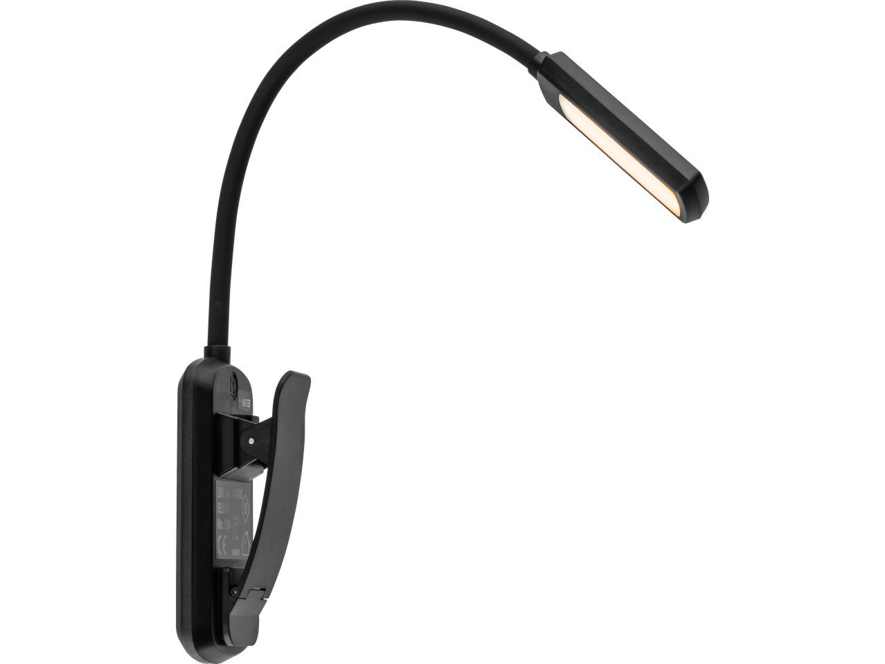 LIVARNO Akku-Buchleuchte, schwarz, mit flexiblem Hals und Klemme, leuchtet mit warmem Licht.