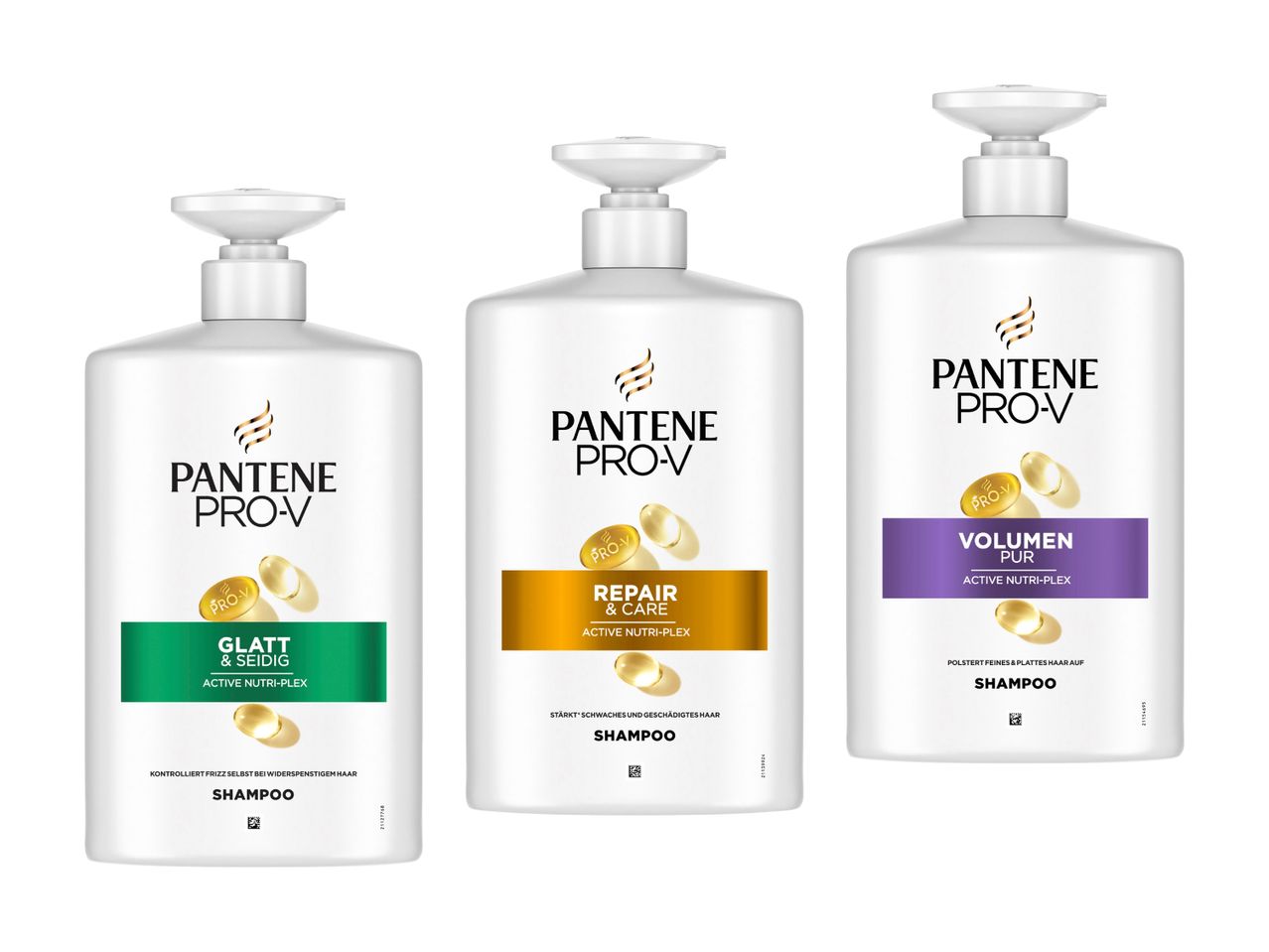 Trois shampoings Pantene Pro-V : Lisse et soyeux, Réparation et soin, Volume pur.