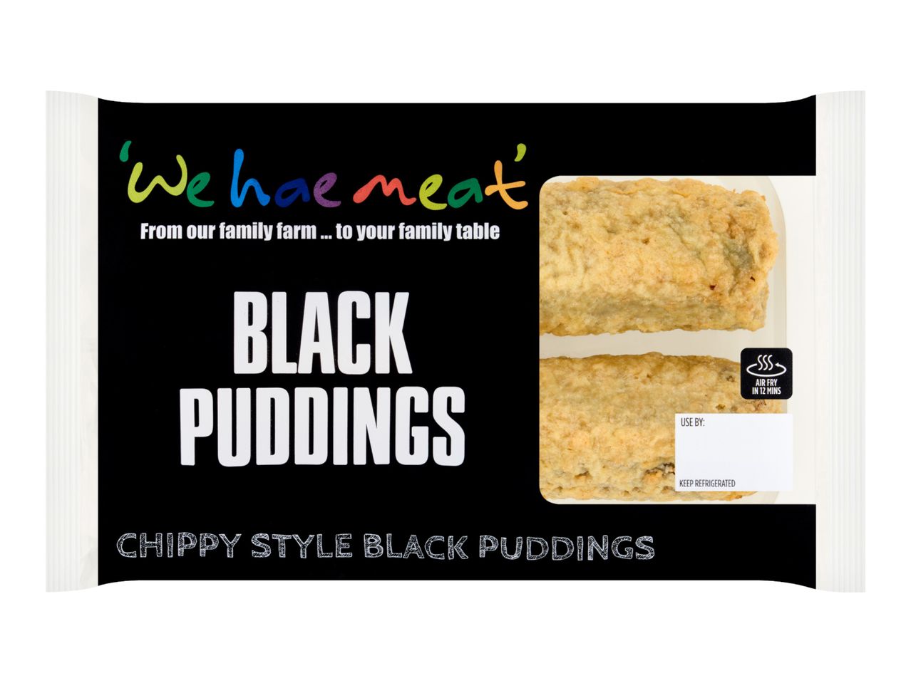 Packaging for chippy style black puddings, with cooking instructions for air frying.