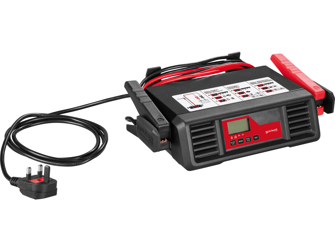 Car battery charger with cables, clamps, and a display showing battery type and mode options.