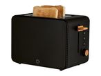 Black toaster with two slices of toast, wooden accents, and control buttons.