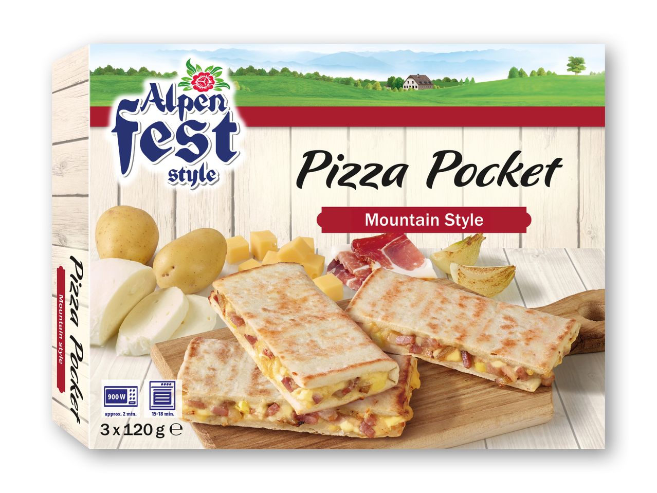 Alpen Fest Pizza Pocket Mountain Style med kartofler, ost, skinke og løg.