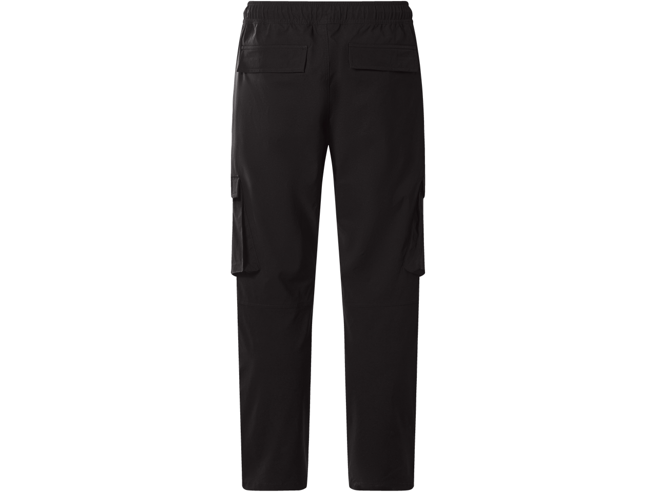 Calças cargo pretas com cintura elástica e bolsos laterais e traseiros.