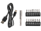 Комплект битове за отвертка с USB кабел и магнитен държач.