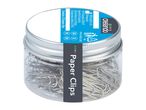 A clear jar of Crelando paper clips with a silver lid.
