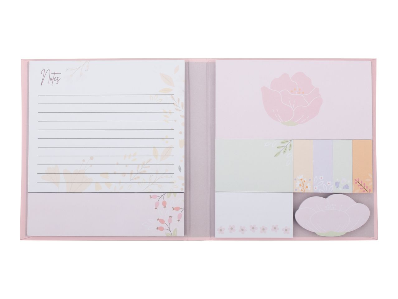 Pink floral-themed sticky note set with lined notepad, various sticky notes, and a flower-shaped pad.