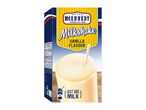 Vanilla milkshake powder box, with a glass of prepared milkshake and text 'JUST ADD MILK'.