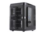 A black, cube-shaped air fryer with a digital display.