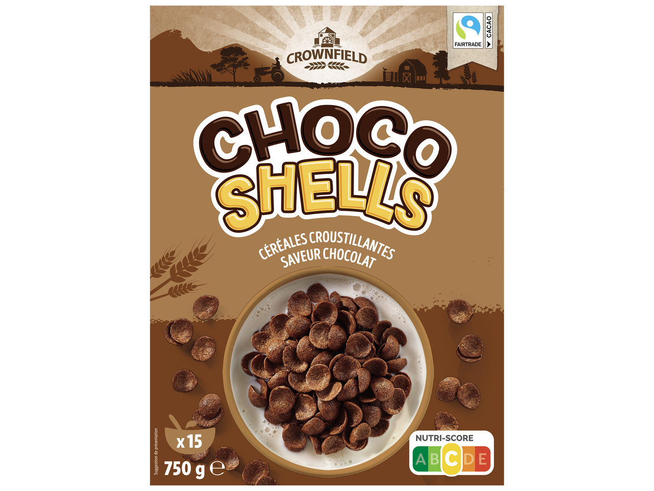 Boîte de céréales croustillantes saveur chocolat, avec un bol de céréales et le Nutri-Score.