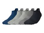 Five pairs of men's ankle socks in blue, light grey, medium grey, dark grey, and black.