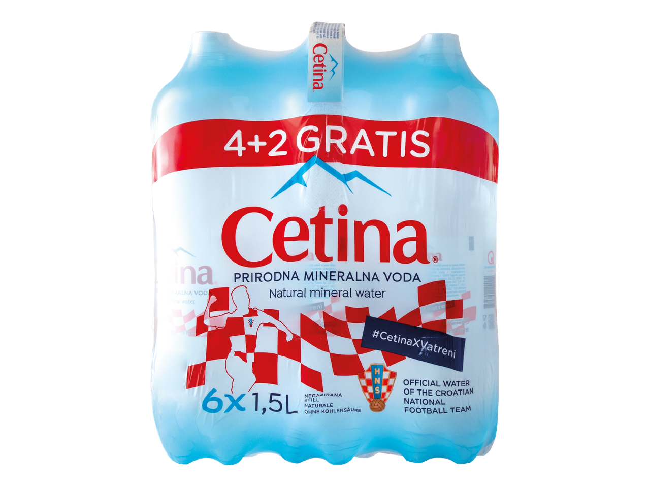 Pakiranje od 6 boca prirodne mineralne vode, s natpisom '4+2 GRATIS' i temom hrvatske nogometne reprezentacije.