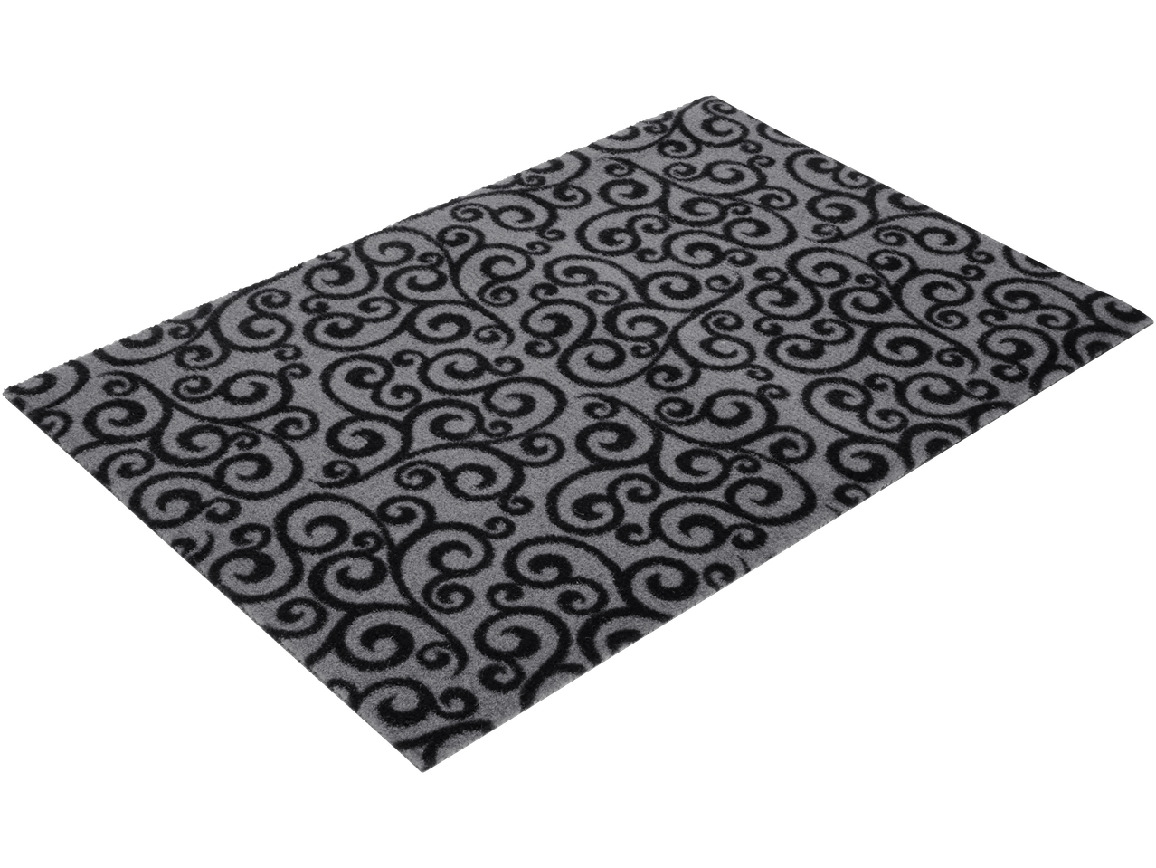 Pelēks LIVARNO paklājs ar melnu spirāļu rakstu.