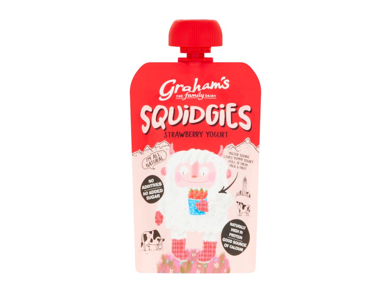 Red strawberry yogurt pouch with a cartoon yeti, highlighting natural ingredients, no added sugar, and high protein.