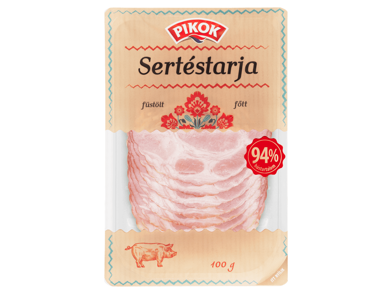 Szeletelt, füstölt, főtt sertéstarja 100 g-os kiszerelésben.