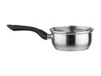 En blank, rustfri stålsaucegryde med et sort håndtag.